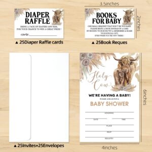 Moonle Baby Shower Invitations with Envelopes, Diaper Raffle Tickets and Baby Shower Book Request Cards, Boho Highland Cow theme babyshower party supplies, Set of 25, Brown