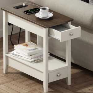 treocho farmhouse end table with charging station, narrow side table with storage, 2-drawer nightstand with usb ports & power outlet, white sofa bedside table for small spaces, living room, bedroom