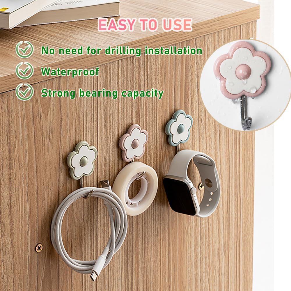 Comidox 5Pcs Cute Floret Utility Hooks Adorable Waterproof Key Hook Wall Hooks Adhesive for Kitchen Bathroom Towels Hats(Random Color)