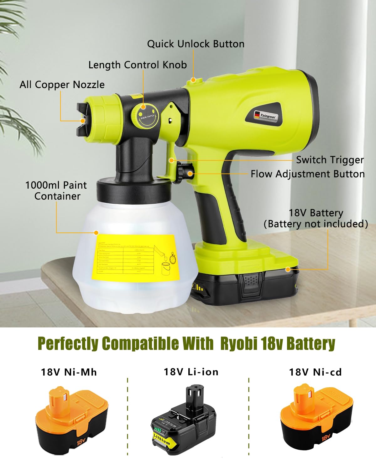 Taingwei Cordless Paint Sprayer for Ryobi 18v Battery,200W HVLP Paint Sprayer Gun with Brushless Motor for Cabinets Cars Walls Furniture House Painting (Tool Only)