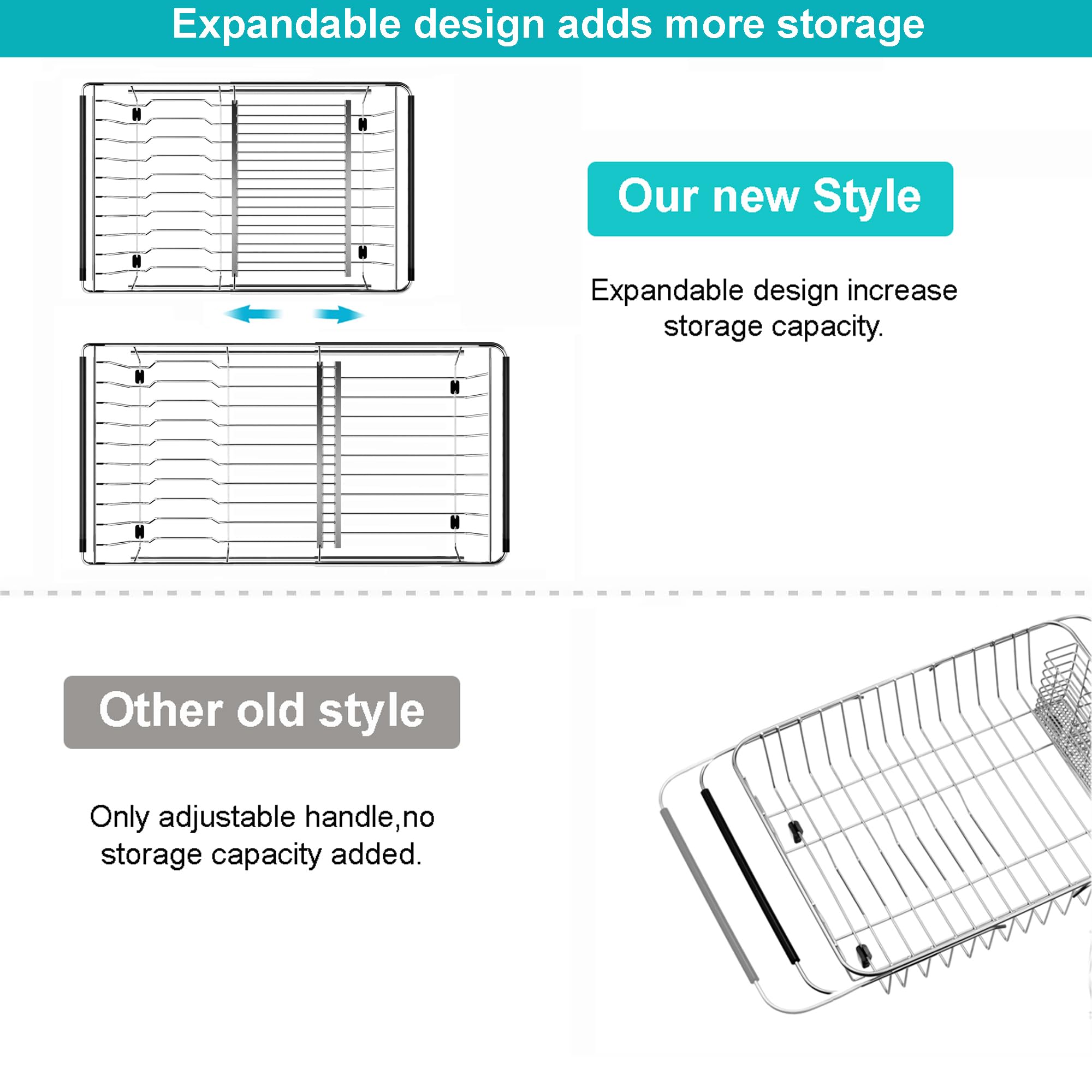 iPEGTOP Expandable Over Sink Dish Drying Rack, Multifunctional Adjustable (14"-18.5") Dish Drainer Organizer Shelf Rustproof Stainless with Grey Utensil Holder for Kitchen Counter