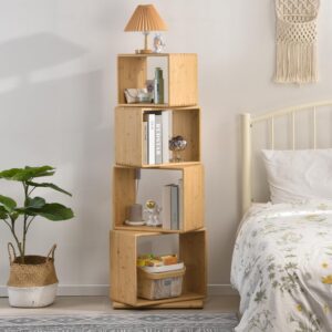 4-tier modern rotating bamboo bookcase, diy free-standing bookshelf large capacity creative open book cabinet, 2 in 1 nightstand storage organizer lattice shelf for home, office, living room, 4-cube