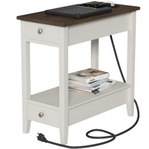 Treocho Farmhouse End Table with Charging Station, Narrow Side Table with Storage, 2-Drawer Nightstand with USB Ports & Power Outlet, White Sofa Bedside Table for Small Spaces, Living Room, Bedroom