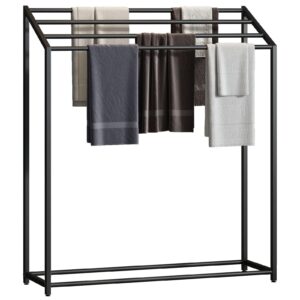 bathroom free standing towel rack,large 4 tiers metal towel bar stand for pool,oversized bath towels drying rack floor blankets rack (black)