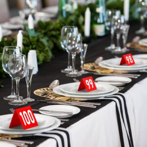 100 Pcs Acrylic Table Numbers 1-100 Double Side Numbered Table Tents Restaurant Wedding Table Tent Cards for Party Banquets Service Evidence Markers Supplies, 2.5 x 2 x 1.6 Inch (Red Background)