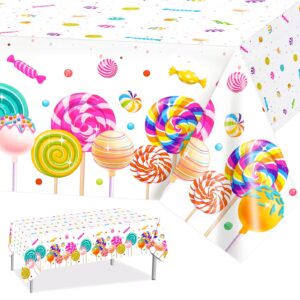 phogary sweet candyland tablecloth, 3 pack candies theme plastic table cover, two sweet birthday table cloths colorful lollipop tablecovers for girls party candy land christmas party decoration