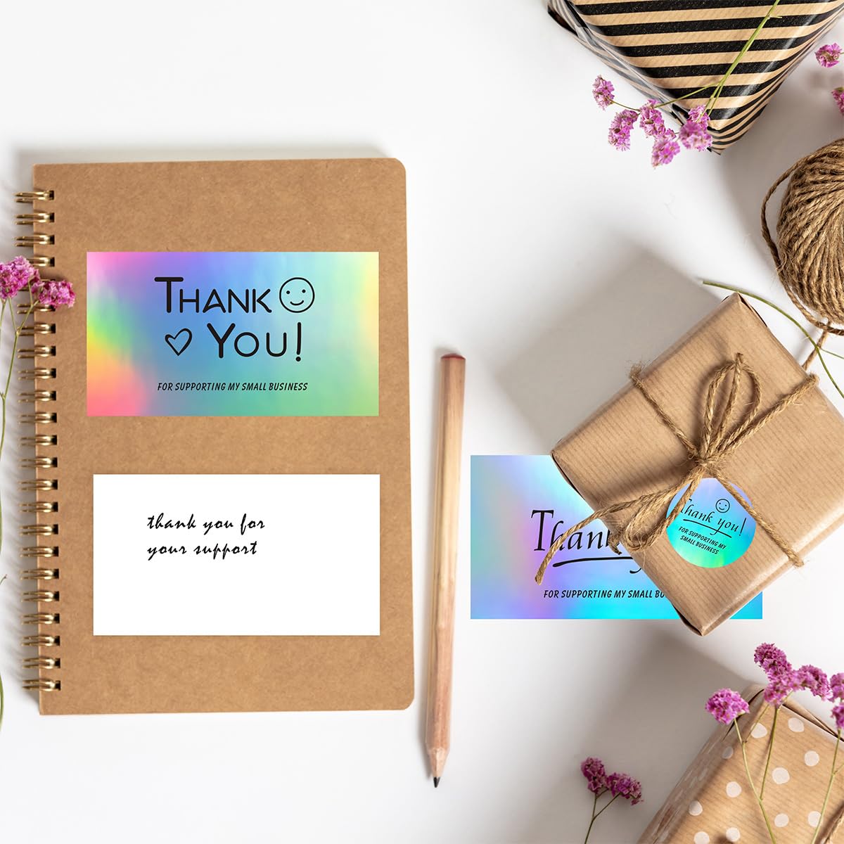 KIUKIUO 1020 PCS Thank You Cards and Stickers Set, Include 120 Thank You Holographic Business Card 900 Thank You Thank You for Supporting My Small Business Holographic Stickers