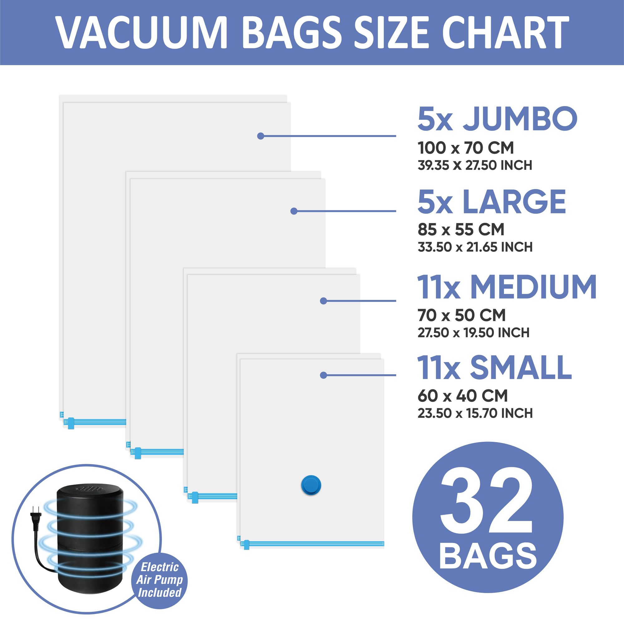 32 Vacuum Storage Bags with Electric Pump, Vacuum Sealed Storage Bags (5Jumbo/5Large/11Medium/11Small), Space Saver Vacuum Seal Bags for Clothing, Comforters, Pillows, Towel, Blanket Storage, Bedding