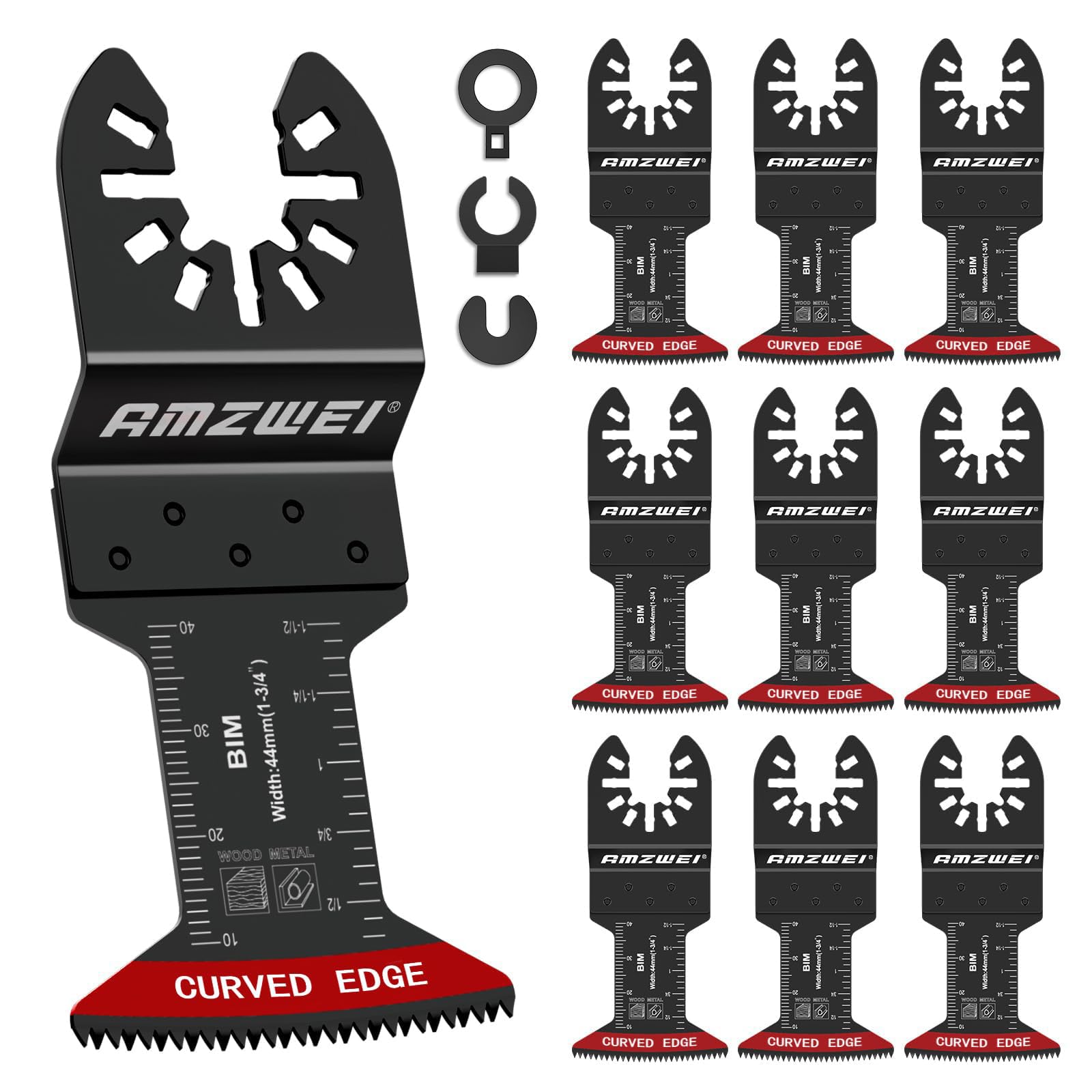 AMZWEI 10 Pcs Bi-Metal Oscillating Tool Blades Metal Cutting, 1-3/4" Curved Edge Multitool Blades for Soft Metal, Hard Wood, Plastic, Oscillating Saw Blades Fit Dewalt Milwaukee Bosch Worx Ryobi