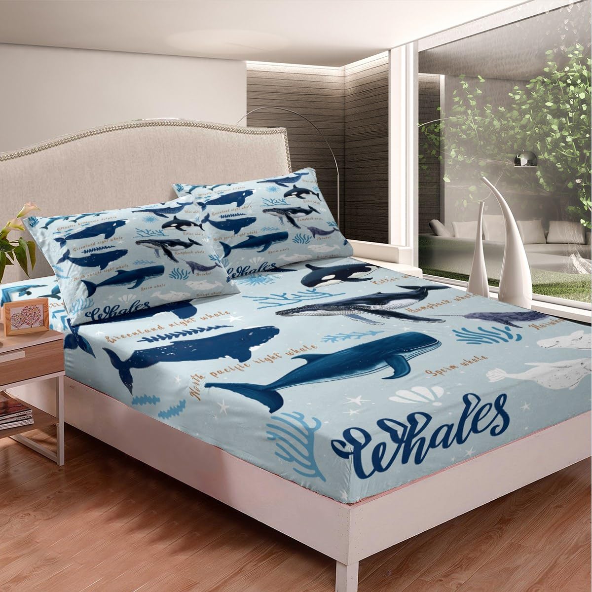 Whale Fitted Sheet Twin for Kids Boys Girls,Coastal Sea Animal Seal Sea Lion Dolphin Bedding Set,Beach Ocean Creatures Under The Sea Bed Sheets,Tropical Nautical Sea Life Whale Bed Set