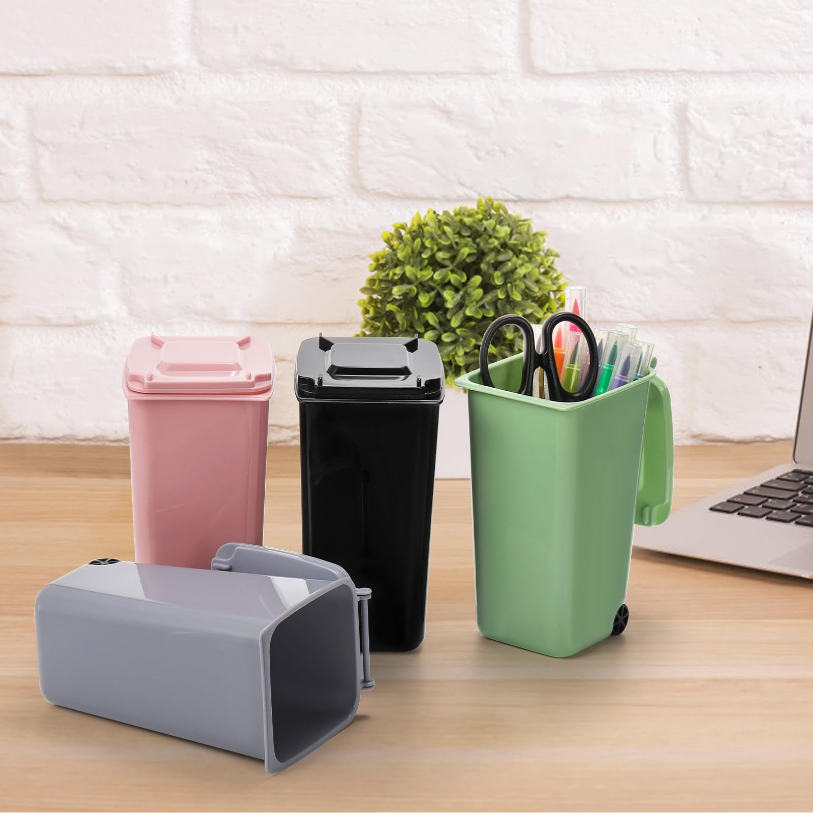 Goaste 12 Pack Mini Desk Trash Can, 22 OZ Tiny Curbside Garbage Bin with Lid, Small Plastic Desktop Wastebasket, Unique Office Pen Holder Pencil Cup, Counter Waste Basket for Home Kitchen Tabletop