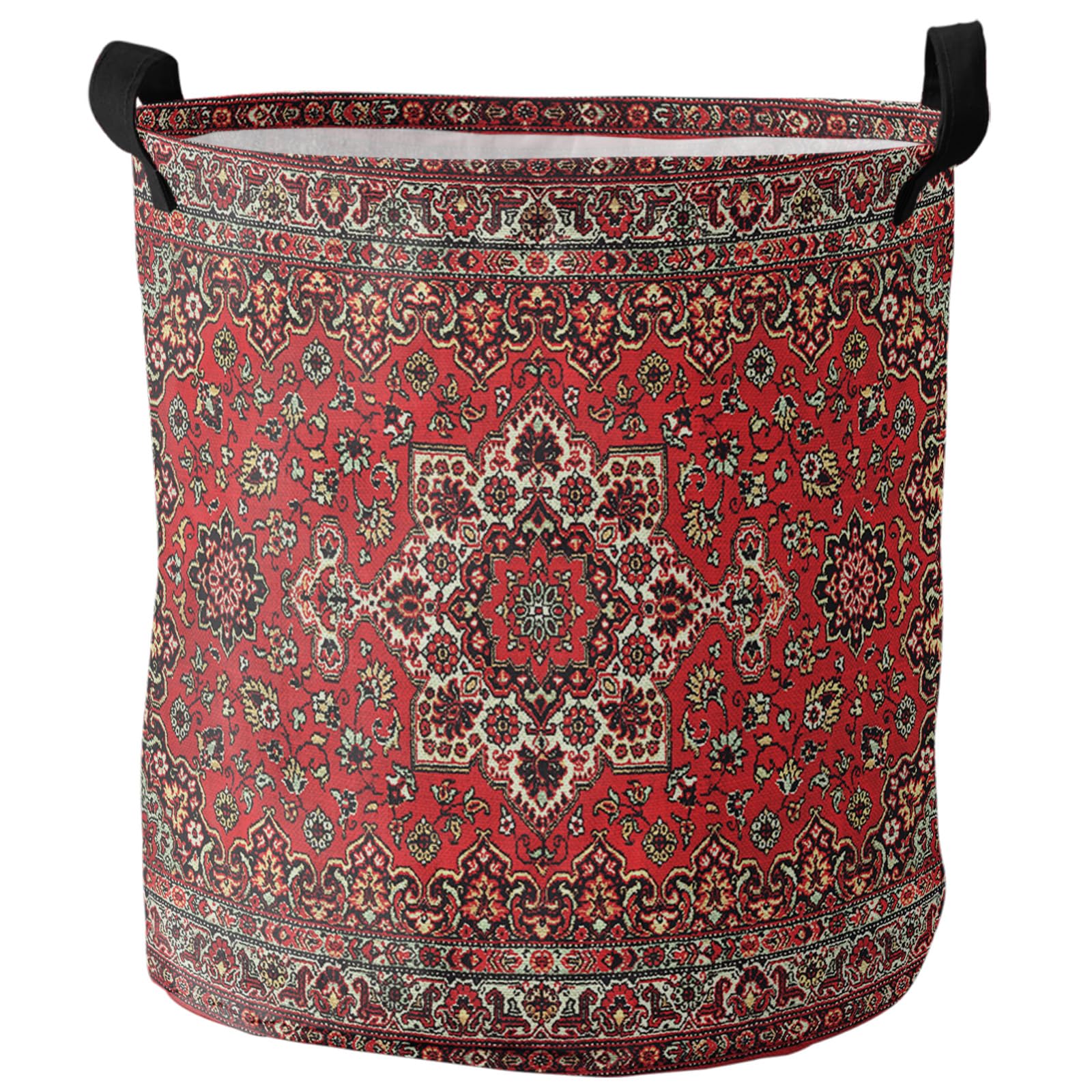 Abstract Red Laundry Basket,Collapsible Bag with Easy Carry Handles,Large Waterproof Foldable Freestanding Hamper,Folding Bin Clothes Storage Round Vintage Distressed Traditional Oriental Boho Tribal