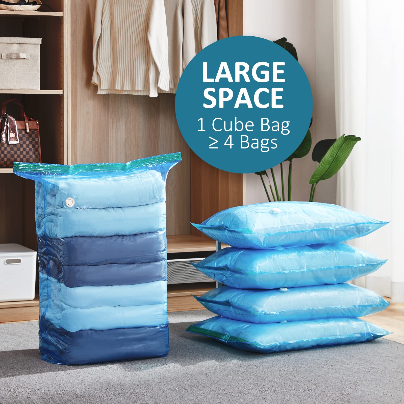 LEVERLOC Vacuum Storage Bags 4 Pack Blue Space Saver Bags, Jumbo Cube 31x40x15 inch, Large Vacuum Sealer Bags For Beddings Blankets Comforters Quilts Duvets Pillows, Closet Organizers and Storage