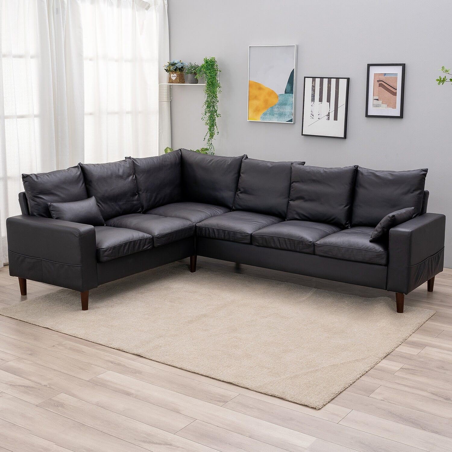 Panana 6 Seats Fuax Leather Large SECTIONAL Corner Sofa Settee - Sofa for Living Room-Left/Right-Hand Side Sofas, Black