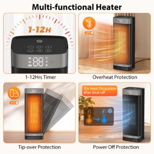 Space Heater Indoor with Thermostat, 16 inch PTC Electric Heater, 60°Oscillating, 4 Modes, 12h Timer, 1500W Portable Heater for Indoor Use, Grey