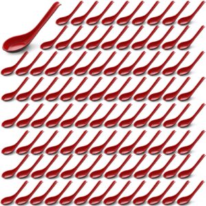 hushee 100 pcs asian chinese soup spoons 6.3 inches japanese korean soup spoons miso soup spoons red and black spoons bulk with hook for melamine soba wonton rice pho ramen noodle soups dumpling