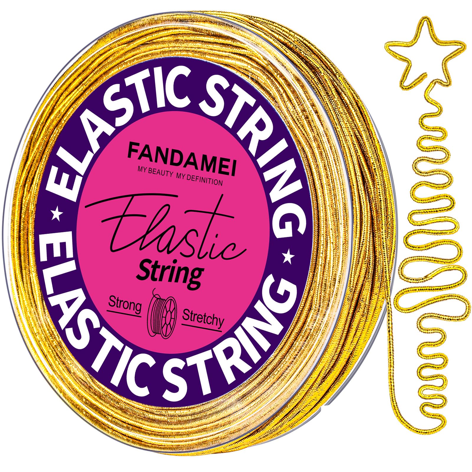 FANDAMEI 1.2mm Metallic Elastic String, Gold Stretch Cord for Craft Gift Jewelry Making, Elastic Cords Ribbon for Hair Braids, Elastic String for Bracelets, Beading Cord Stretchy Christmas Crafts DIY