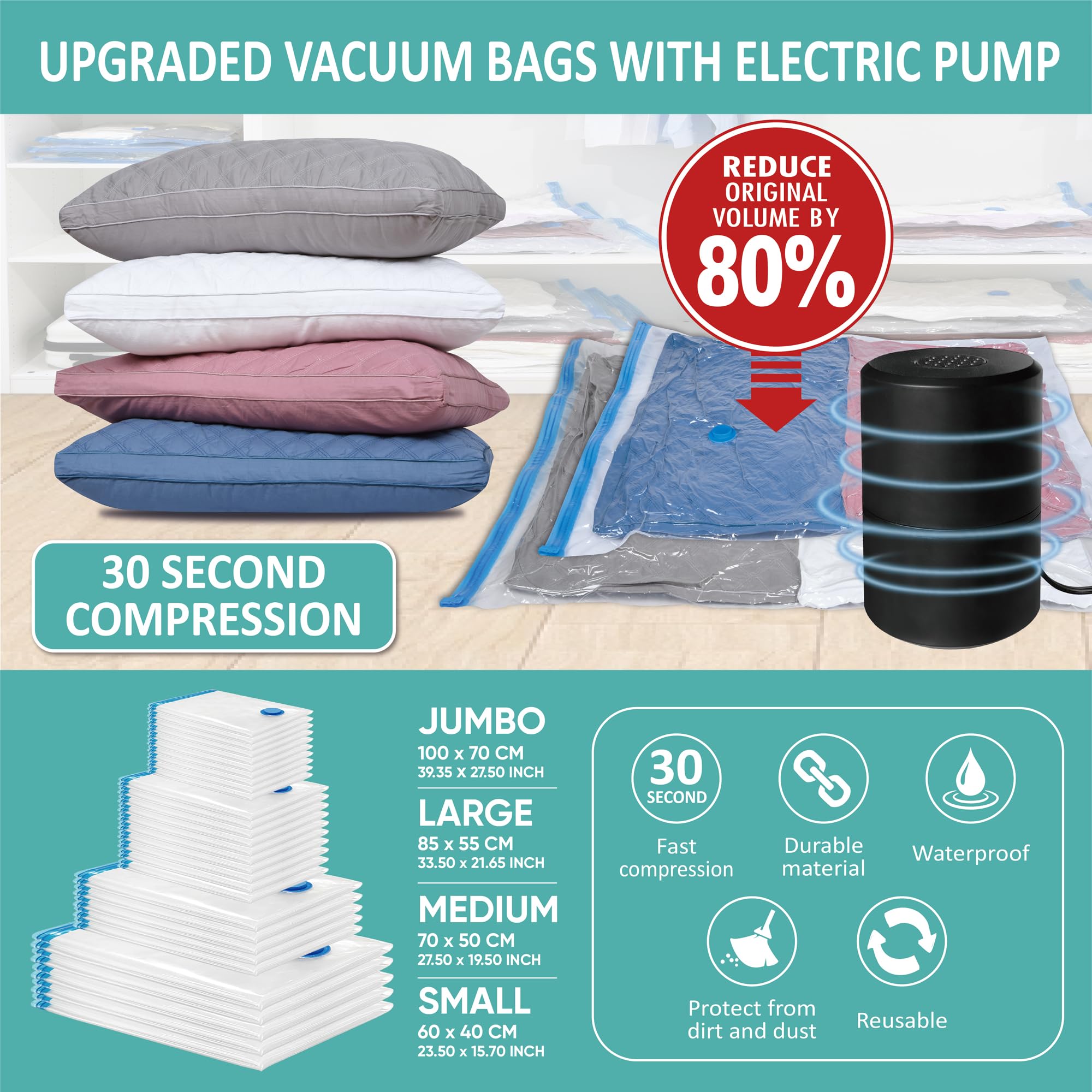 30 Vacuum Storage Bags with Electric Pump, Vacuum Sealed Storage Bags (5Jumbo/5Large/10Medium/10Small), Space Saver Vacuum Seal Bags for Clothing, Comforters, Pillows, Towel, Blanket Storage, Bedding