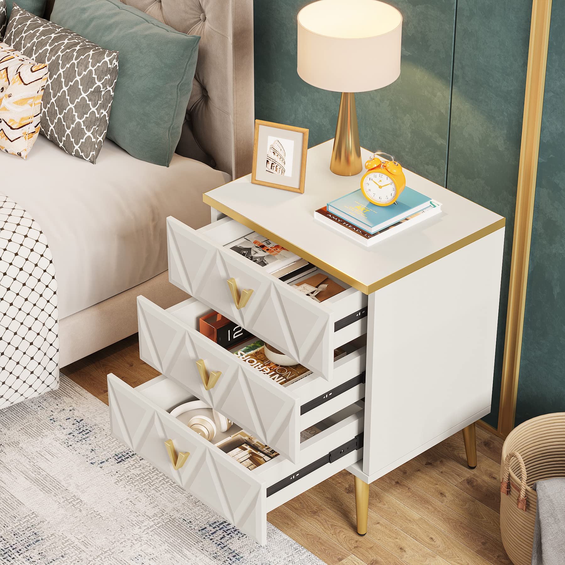 Tribesigns 3-Drawer Nightstand Set of 2, Luxury Bedside Table End Table with Storage Drawers and Golden Legs, Modern Nightstand for Bedroom, Gold and White