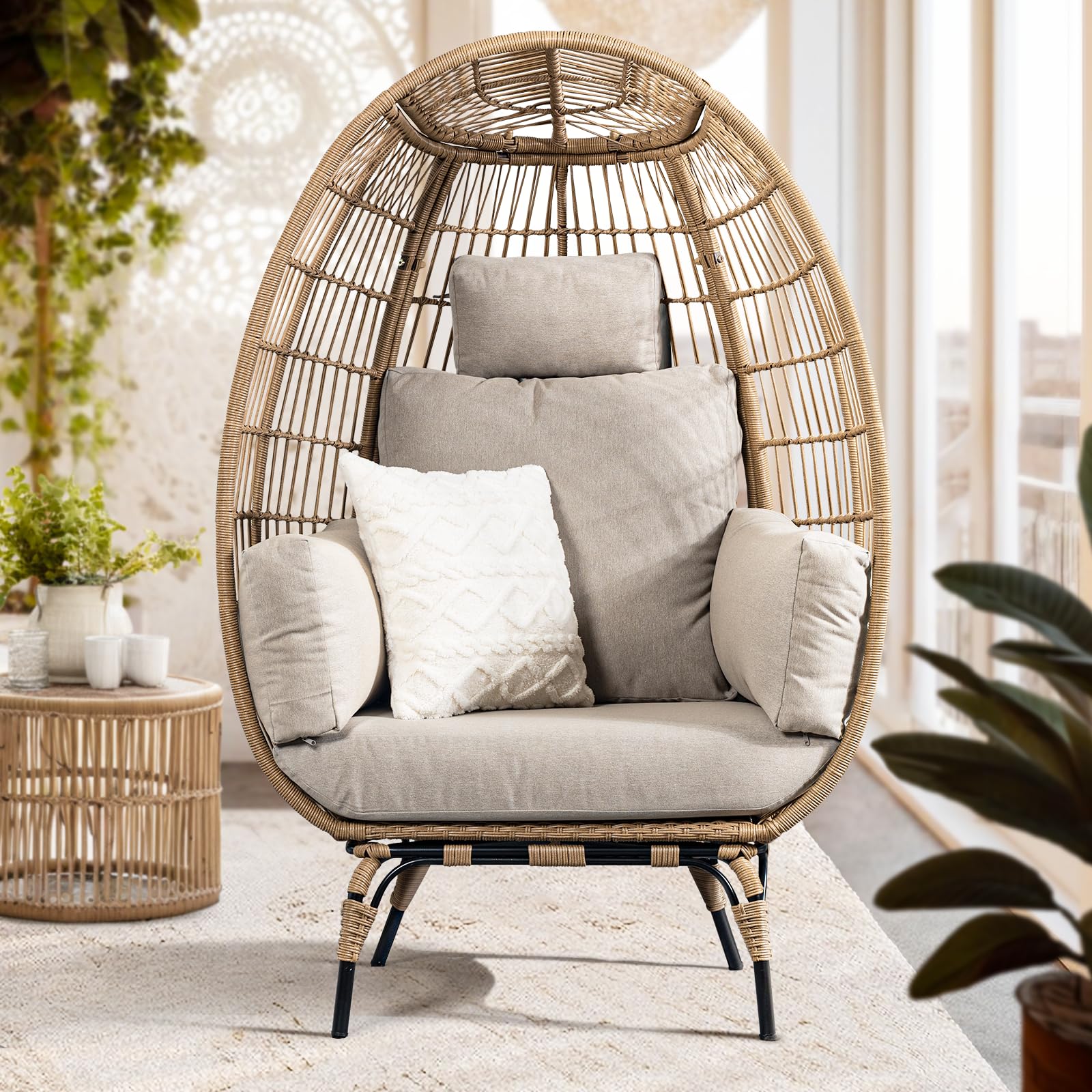 Bme Heavy Duty 500 Lbs Capacity Oversized Wicker Egg Chair for Outside, UV 2000 Hours Material with Non-discolouring Fabric Cushion, Durable Against Water, Weather