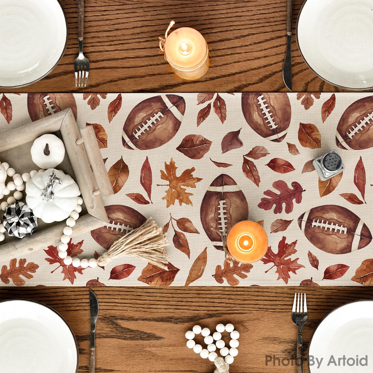 Artoid Mode Rugby Maple Leaves Football Fall Table Runner, Seasonal Harvest Autumn Kitchen Dining Table Decoration for Home Party Decor 13x72 Inch