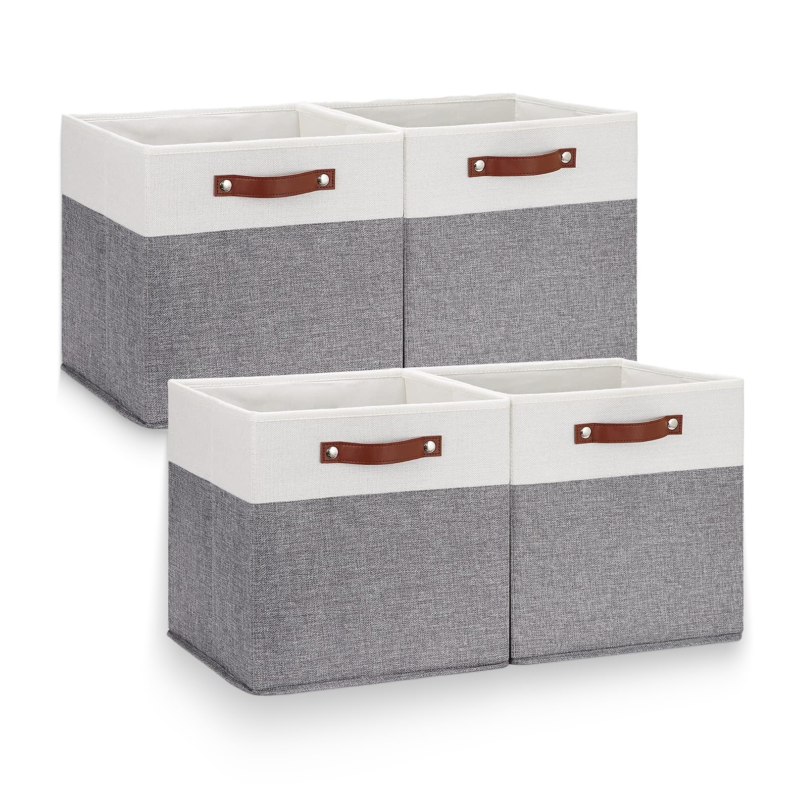 KELAISHU Storage Cubes, 11 Inch Foldable Storage Bins Linen Fabric Bins with Double Handles and Cardboard, Storage Box for Organizing Shelves Closet Toy Clothes, Grey & White, 11x11x11, 4 Pack