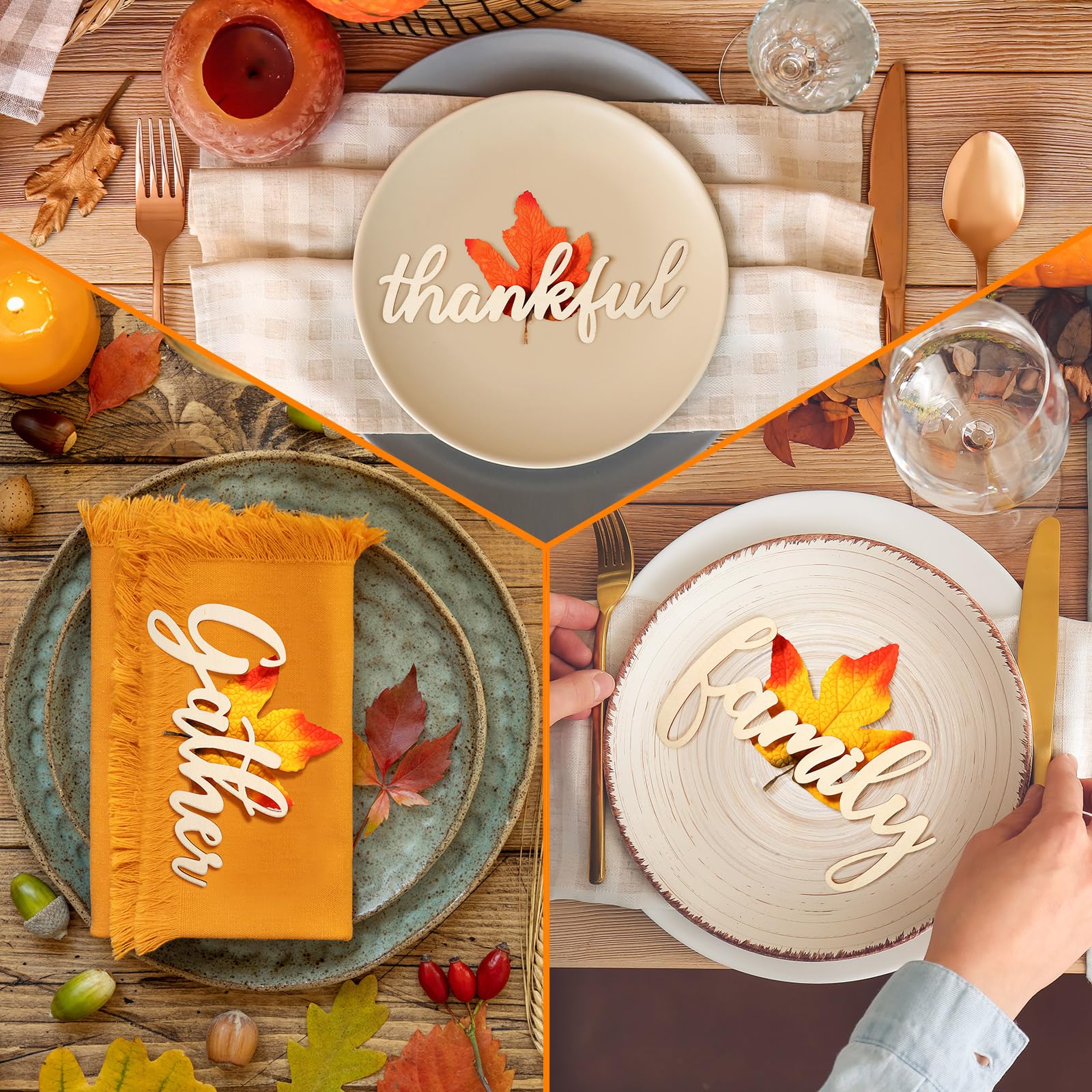 Soaoo 18 Set Thanksgiving Plate Decorations 18 Fall Autumn Wooden Cutouts Thankful Blessed Wooden Words Harvest Table Plate Ornament 18 Artificial Maple Leafs Thanksgiving Table Settings for Farmhouse