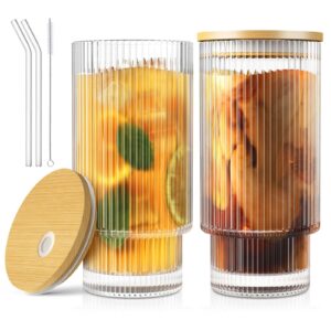 cwhhrn 16oz glass cups with lids and straws, vintage ribbed glassware for whiskey cocktail beer, iced coffee cups with lid, glass tumbler with straw and lid (2 pack)