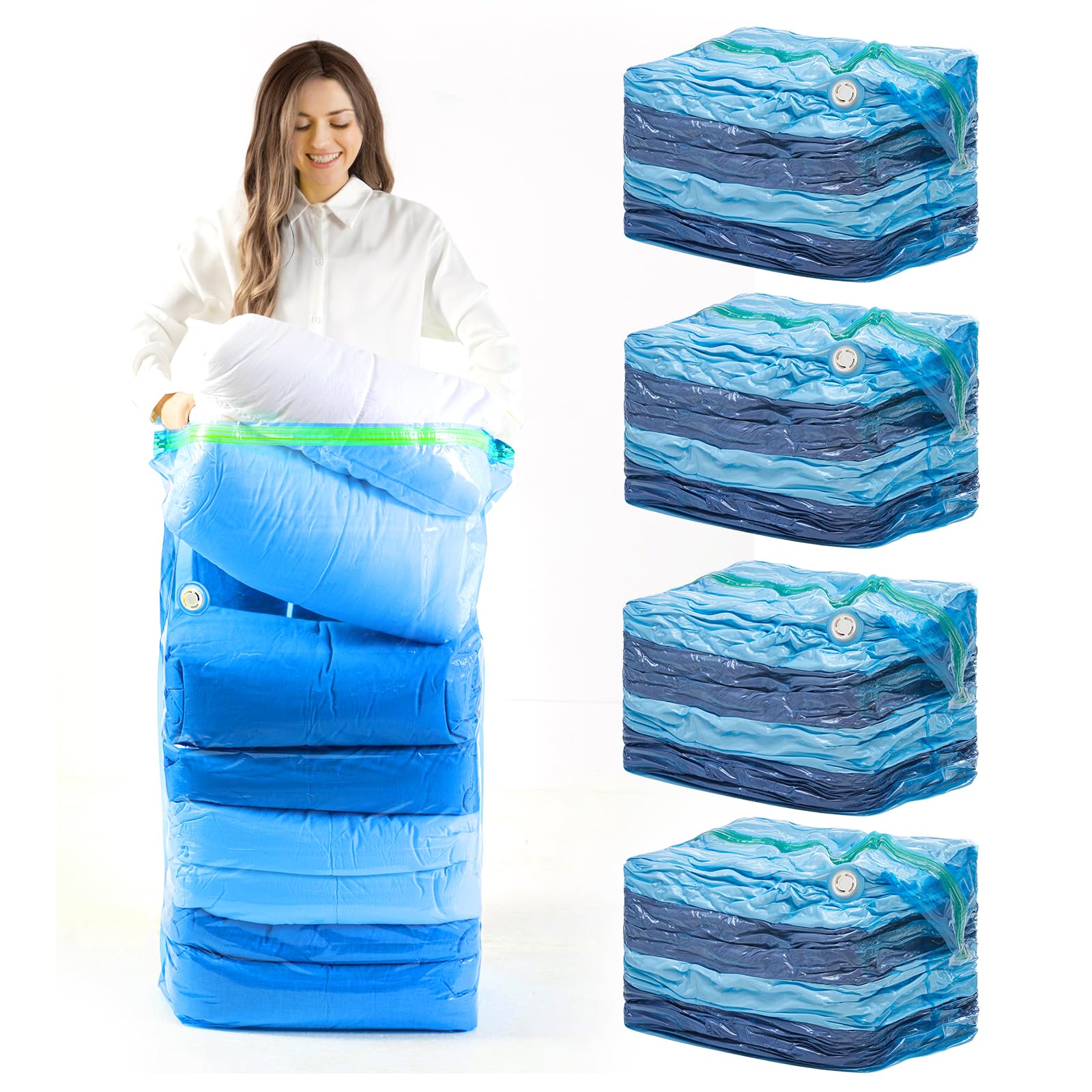 LEVERLOC Vacuum Storage Bags 4 Pack Blue Space Saver Bags, Jumbo Cube 31x40x15 inch, Large Vacuum Sealer Bags For Beddings Blankets Comforters Quilts Duvets Pillows, Closet Organizers and Storage