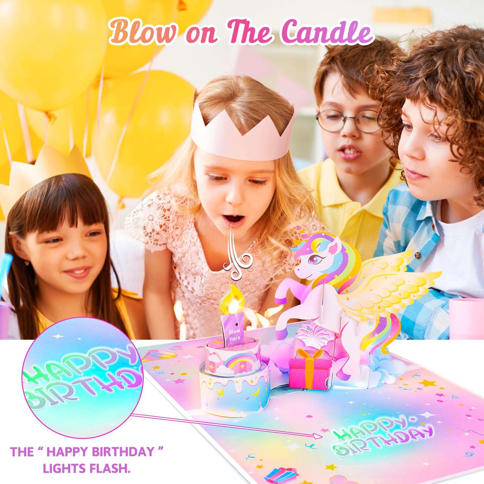 FITMITE Birthday Card with Light&Music,Unicorn 3D Pop up Greeting Cards with Blowable Candle Birthday Gifts for Women Girls Daughter Sister Kids-With 0-9 DIY Number