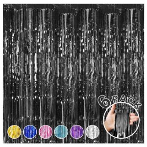 6 pack foil fringe backdrop curtains, 3.28 x 8.2 ft black tinsel streamers metallic tinsel foil fringe curtains photo booth backdrop for birthday wedding graduation halloween party decorations