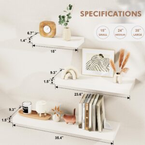 Merapi 24 Inch Floating Shelves, Wall Shelves for Bathroom, Bedroom, 1.5" Thick Hanging Shelf for Wall Storage, Wall Mounted Wooden Shelves Over Toilet, for Kitchen, Living Room (White, Set of 3)