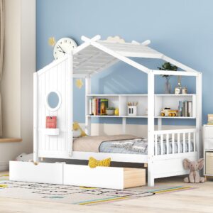 bellemave twin size house bed with 2 storage drawers,kids bed with storage shelves,wooden house bed frame for girls,boys,can be decorated,white