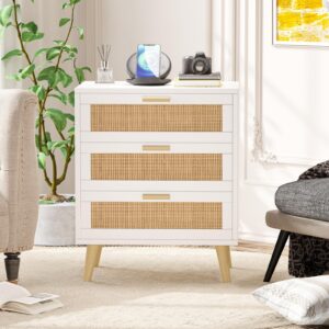 Irontar Rattan Nightstand with Charging Station, Night Stand with Rattan Decorated Drawers, Accent End Table, Bedside Table with Solid Wooden Legs for Bedroom, White and Natural BZZ006WME