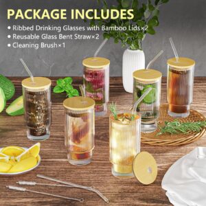 CWHHRN 16OZ Glass Cups with Lids and Straws, Vintage Ribbed Glassware for Whiskey Cocktail Beer, Iced Coffee Cups with Lid, Glass Tumbler with Straw and Lid (2 PACK)