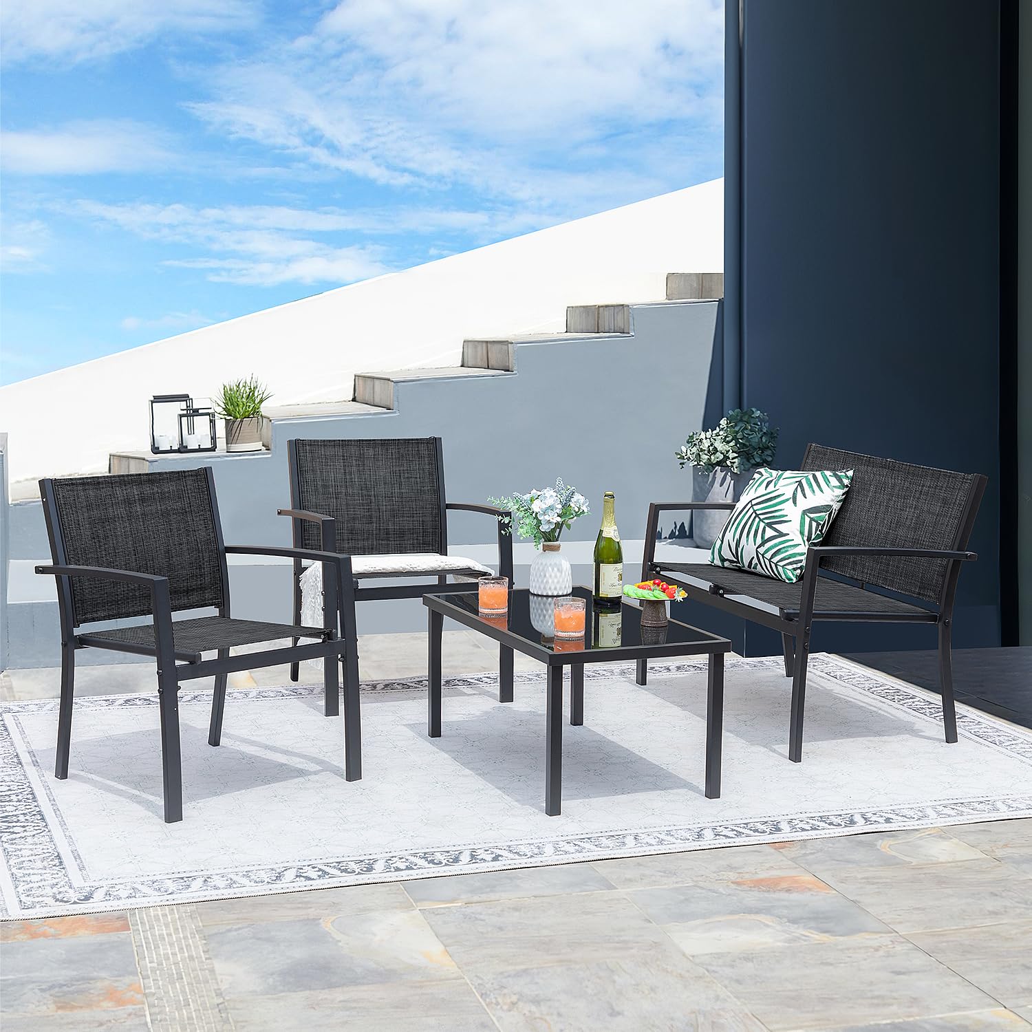 Greesum 4 Pieces Patio Furniture Set Outdoor Conversation Textilene Fabric Chairs for Lawn, Garden, Balcony, Poolside with A Glass Coffee Table, Black