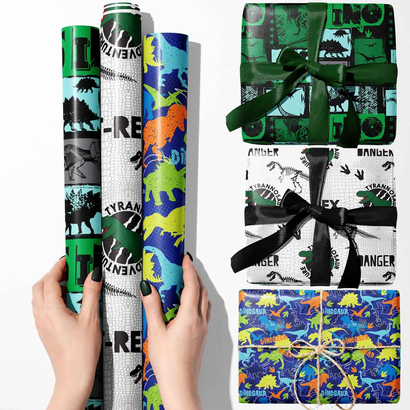 We Moment Dinosaur Wrapping Paper Rolls 3 Rolls 17 inch X 120 inch Happy Birthday Wrapping Paper Girl Kids Boy Dinosaur Wrap Paper For Dinosaur Party Birthday Wrapping Paper