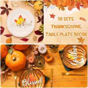 Soaoo 18 Set Thanksgiving Plate Decorations 18 Fall Autumn Wooden Cutouts Thankful Blessed Wooden Words Harvest Table Plate Ornament 18 Artificial Maple Leafs Thanksgiving Table Settings for Farmhouse