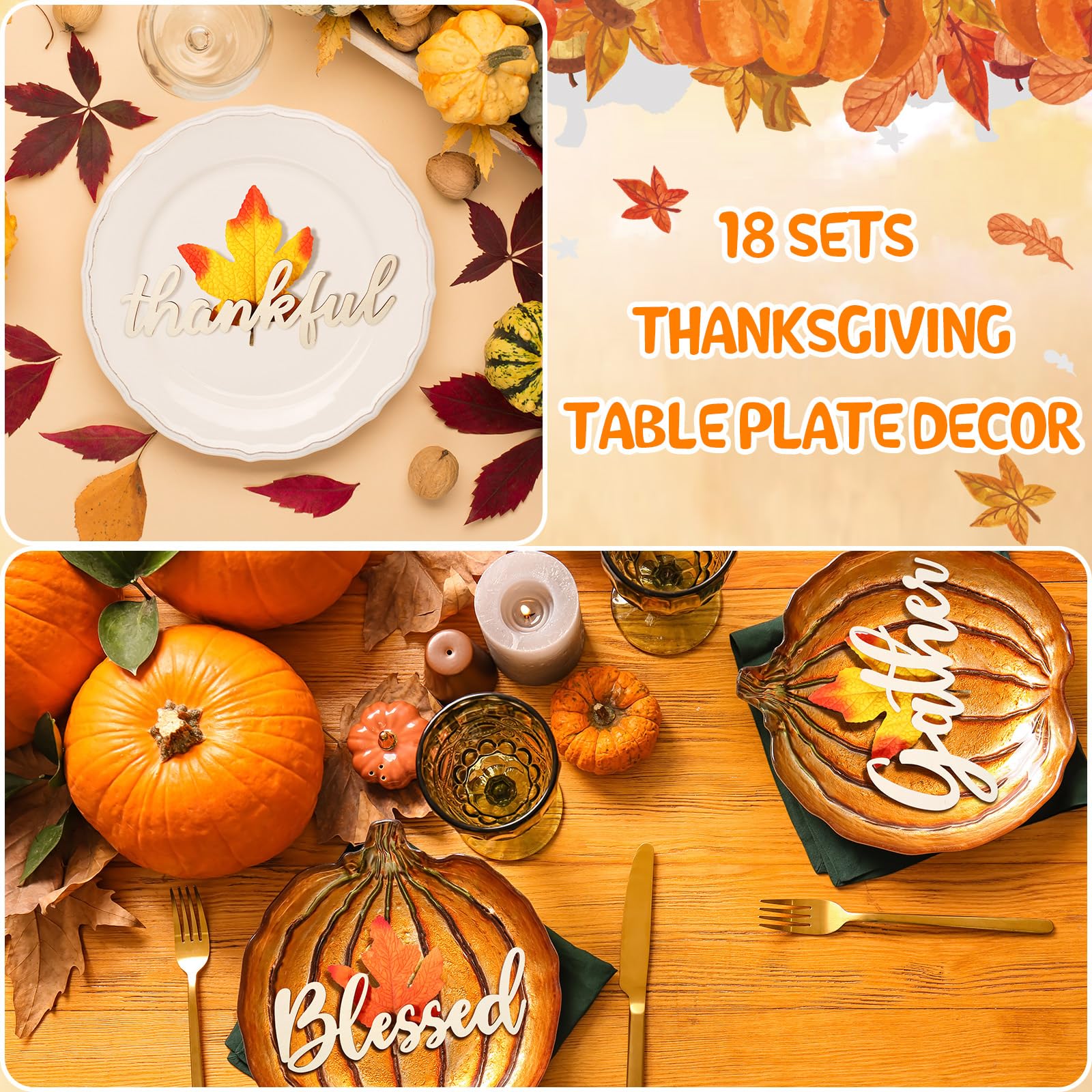 Soaoo 18 Set Thanksgiving Plate Decorations 18 Fall Autumn Wooden Cutouts Thankful Blessed Wooden Words Harvest Table Plate Ornament 18 Artificial Maple Leafs Thanksgiving Table Settings for Farmhouse