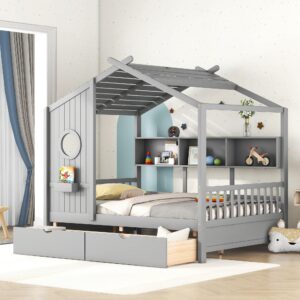 bellemave full size house bed with 2 storage drawers,kids bed with storage shelves,wooden house bed frame for girls,boys,can be decorated,gray