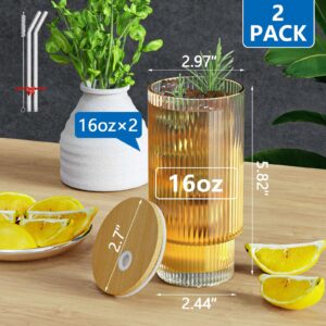 CWHHRN 16OZ Glass Cups with Lids and Straws, Vintage Ribbed Glassware for Whiskey Cocktail Beer, Iced Coffee Cups with Lid, Glass Tumbler with Straw and Lid (2 PACK)