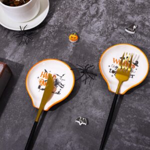 Whaline 2Pcs Halloween Witch Coffee Spoon Rest Hocus Pocus Pumpkin Bat Ceramic Teaspoon Holder Spooky Sauce Dishes Dipping Bowl Ring Dish for Halloween Teacher Gift Kitchen Office Bar Coffee Stirrers