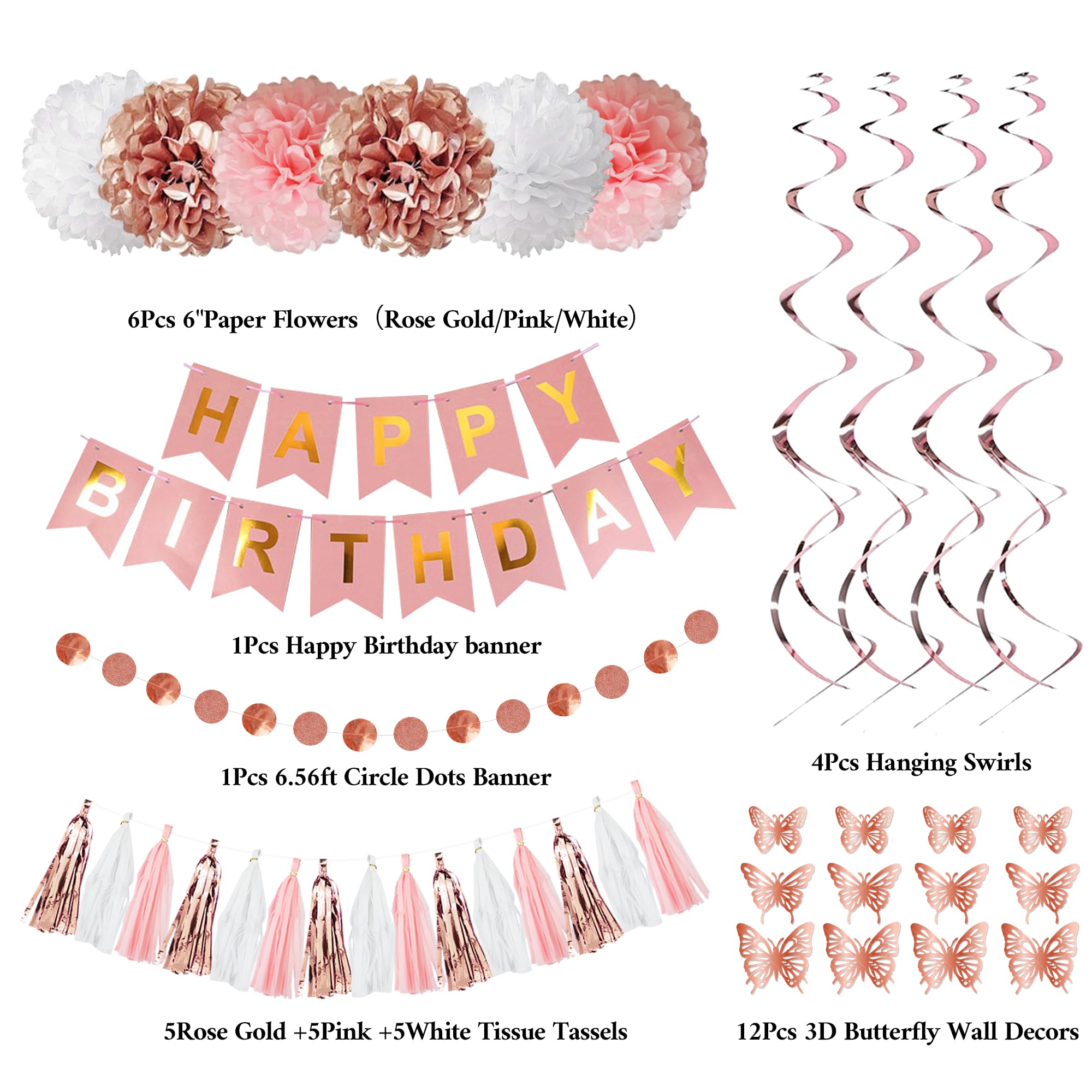 Rose Gold Birthday Party Decorations Kit for Women Girls, Foil Confetti Rose Gold Balloon Pink Happy Birthday Banner Fringe Curtains Butterfly Decor Circle Dots Tassels Pom Supplies 30th 40th 50th Her