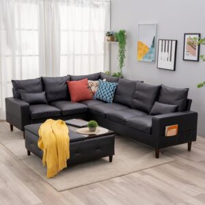 Panana 6 Seats Fuax Leather Large SECTIONAL Corner Sofa Settee - Sofa for Living Room-Left/Right-Hand Side Sofas, Black