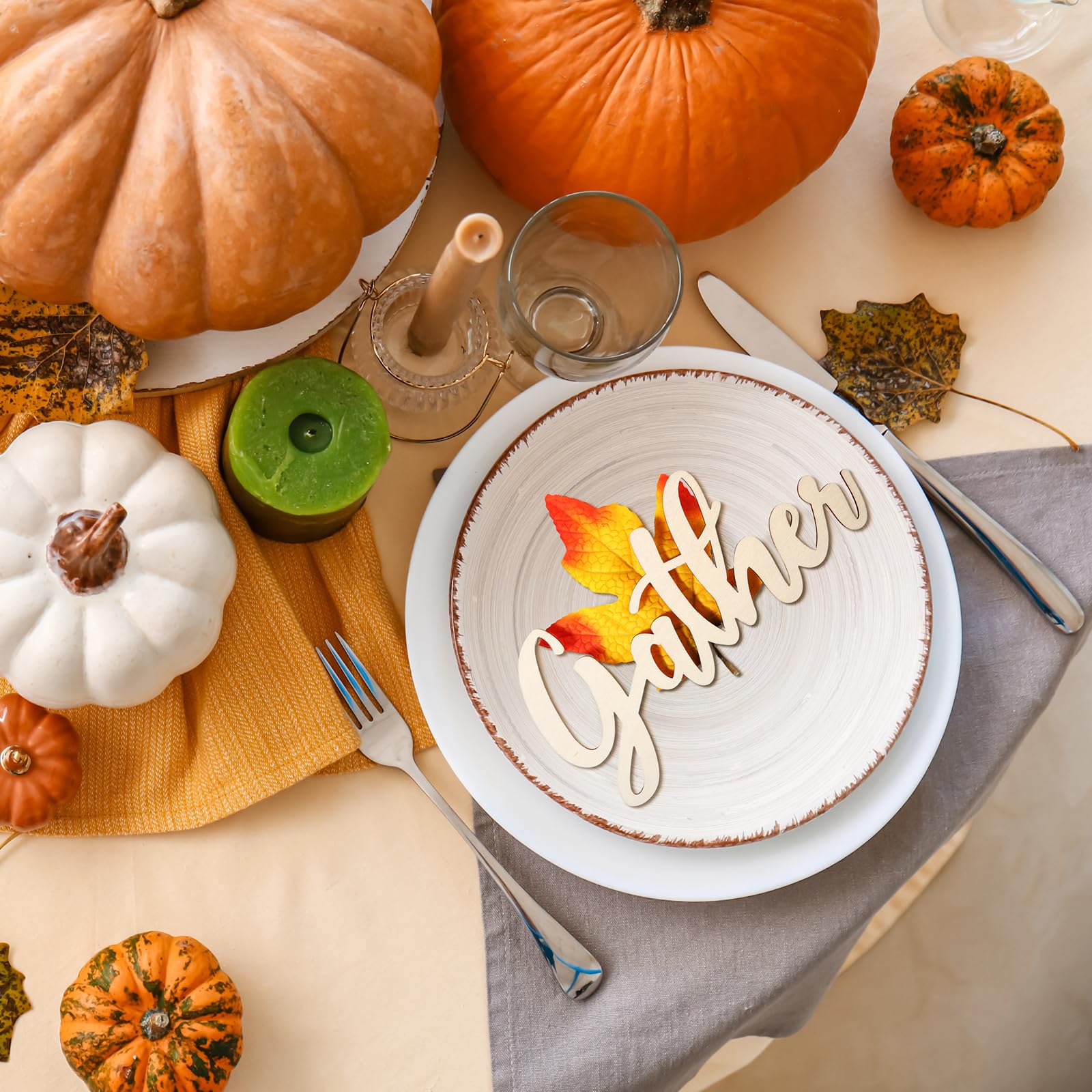 Soaoo 18 Set Thanksgiving Plate Decorations 18 Fall Autumn Wooden Cutouts Thankful Blessed Wooden Words Harvest Table Plate Ornament 18 Artificial Maple Leafs Thanksgiving Table Settings for Farmhouse