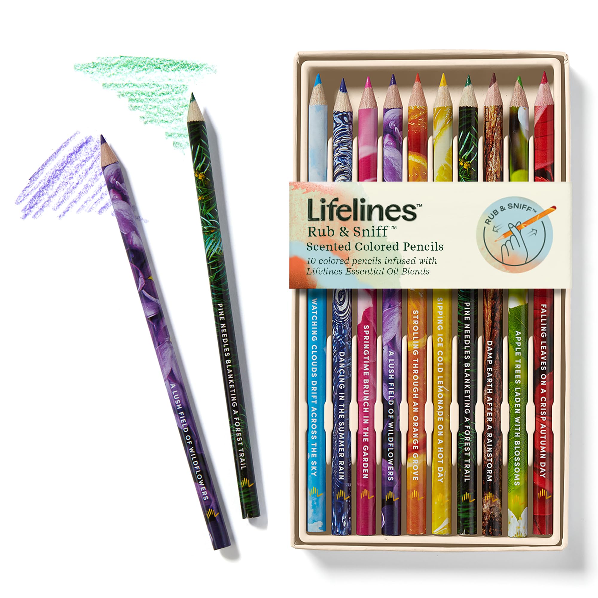 Lifelines Scented Colored Pencils, 10-Pack Classic Palette - Rub & Sniff Color Pencil Set Infused with Essential Oil Blends for Arts & Crafts, Coloring Books & School Supplies