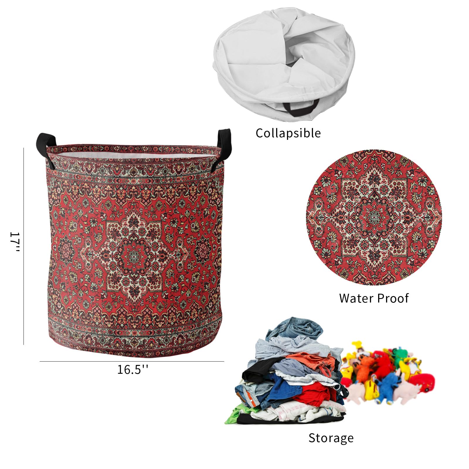 Abstract Red Laundry Basket,Collapsible Bag with Easy Carry Handles,Large Waterproof Foldable Freestanding Hamper,Folding Bin Clothes Storage Round Vintage Distressed Traditional Oriental Boho Tribal