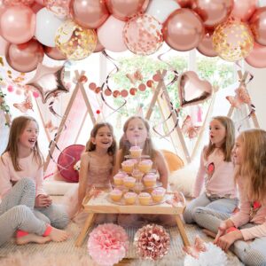 Rose Gold Birthday Party Decorations Kit for Women Girls, Foil Confetti Rose Gold Balloon Pink Happy Birthday Banner Fringe Curtains Butterfly Decor Circle Dots Tassels Pom Supplies 30th 40th 50th Her