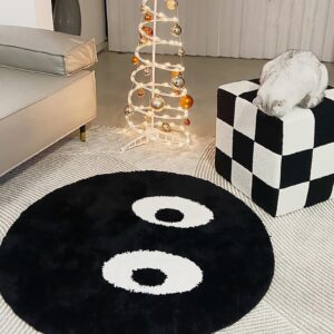 LEVINIS Funny Round Rug, Black and White Area Rugs Cute Eyes Bedroom Bedside Rug Shaggy Non-Slip Flocking Accent Floor Rug for Living Room, Kids Room, Office, Home Décor Rug 40"