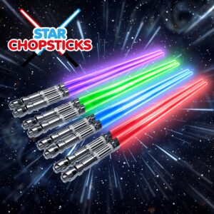 STAR CHOPSTICKS | FREE BOTTLE OPENER | 4 PAIRS DARK BOX | Lightsaber Chopsticks | Star Gifts and Toys for Kids | LED Light Up Reusable Safe Chopstick (4 PAIRS SET NEW)